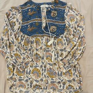 Lucky Brand Floral Bohemian Blouse - Blue and Cream XS